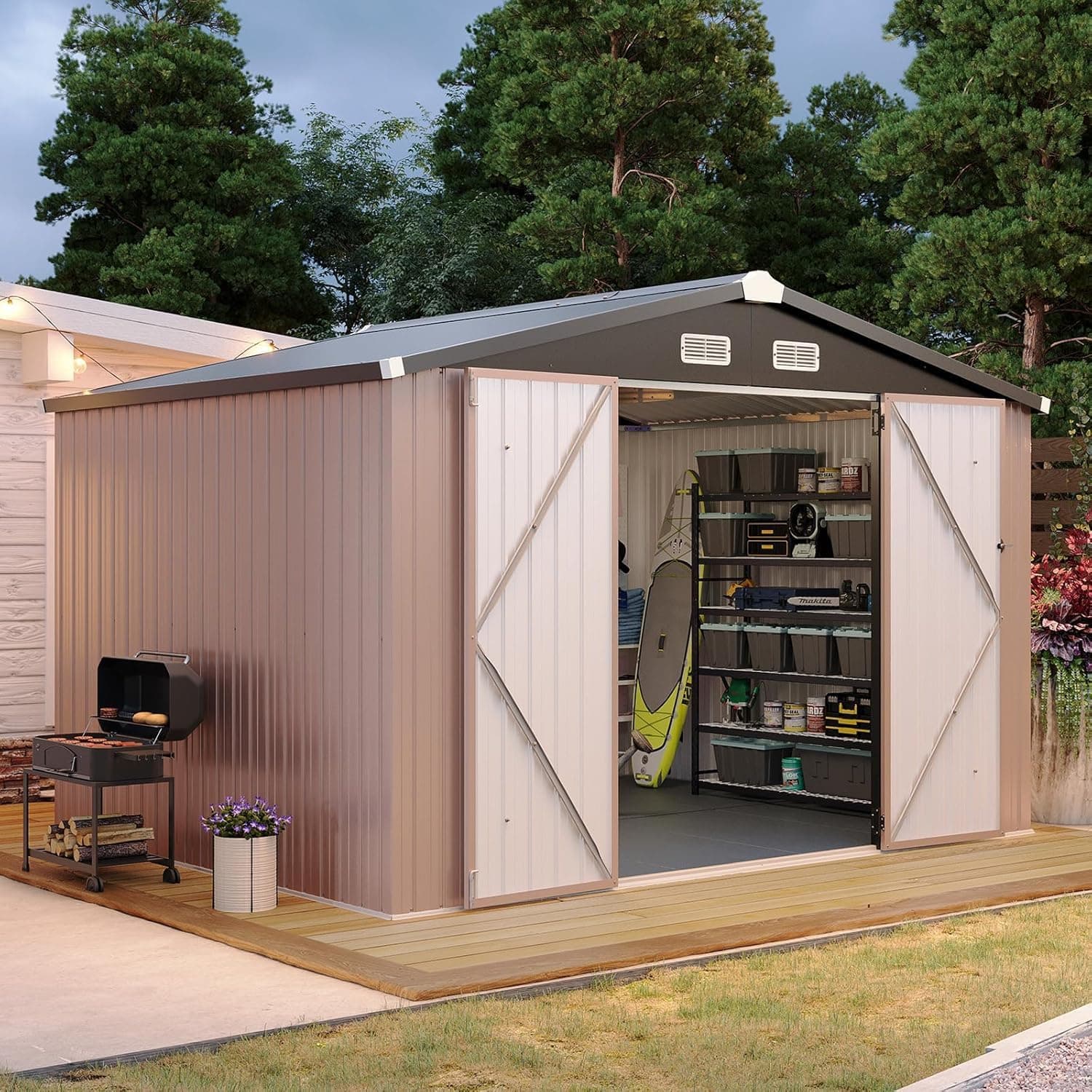 Aoxun 10x8 FT Galvanized Steel Outdoor Storage Shed - Metal Garden Shed with Double Doors, Thick Moisture-Proof Interlocking Floor, Ventilation System - Ideal for Generator & Tool Storage (Brown) - Best tier-1 universal Gear