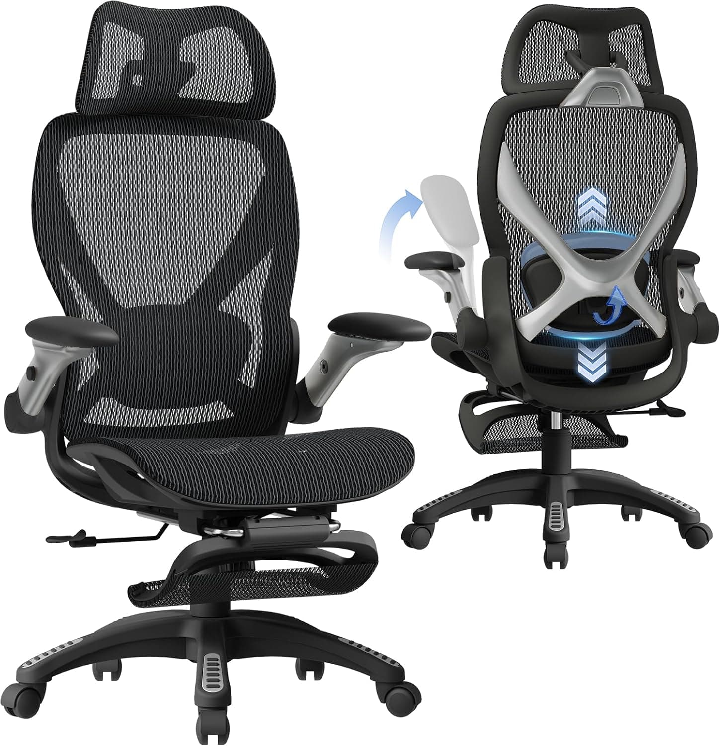 ELABEST X100 Ergonomic Mesh Office Chair with Footrest, Big and Tall Hone Desk Chair with 5D Flip-Up Arms, Adjustable 3D Lumbar Support,Gaming & Executive Computer Chairs - Best tier-3 home-office Gear