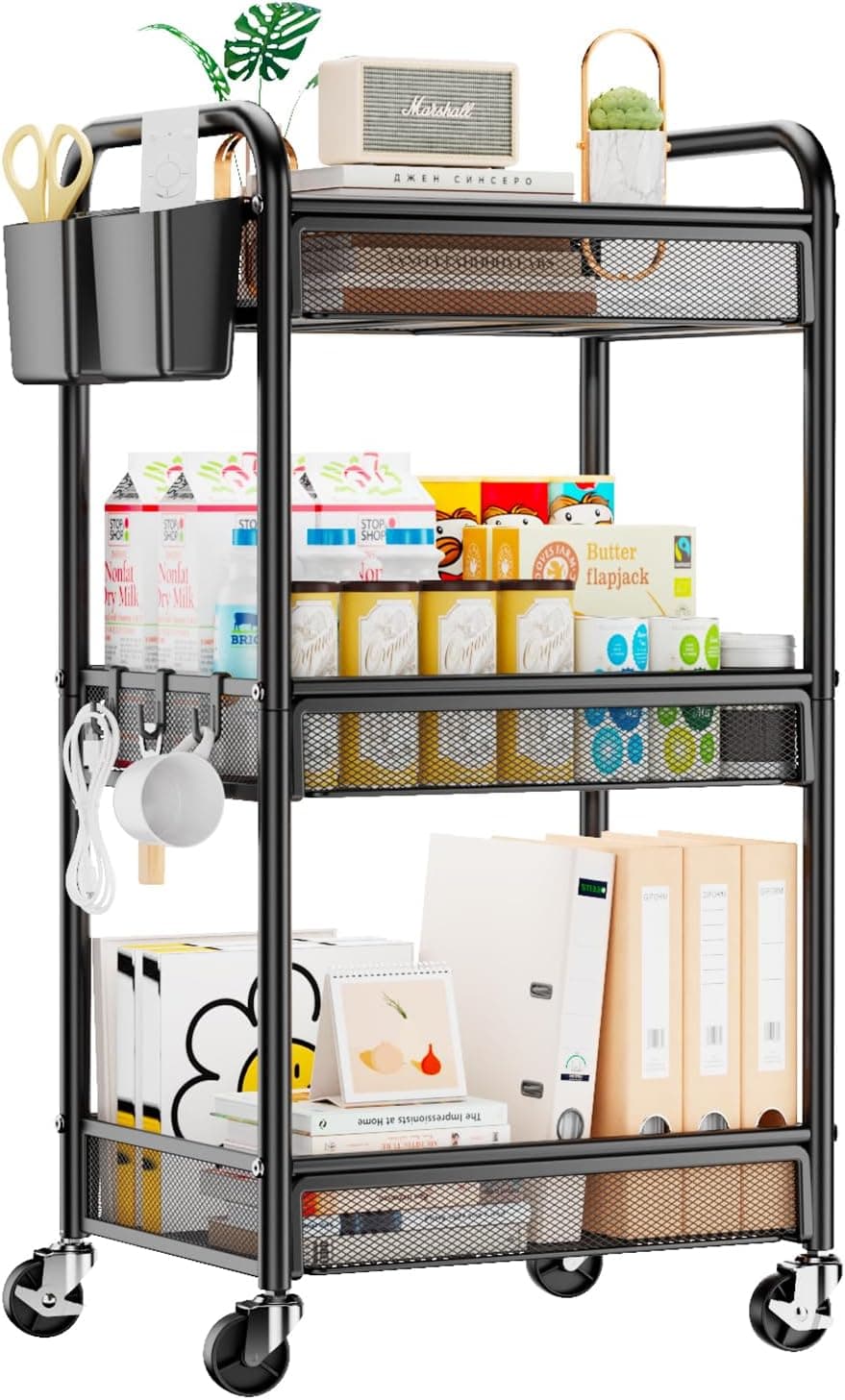 YASONIC 3 Tier Rolling Cart – Metal Utility Storage Carts with Wheels, Craft Cart Organizer with Hanging Cups, Hooks, Mesh Basket for Bedside Kitchen Office Art, Black - Best tier-2 art-studio Gear