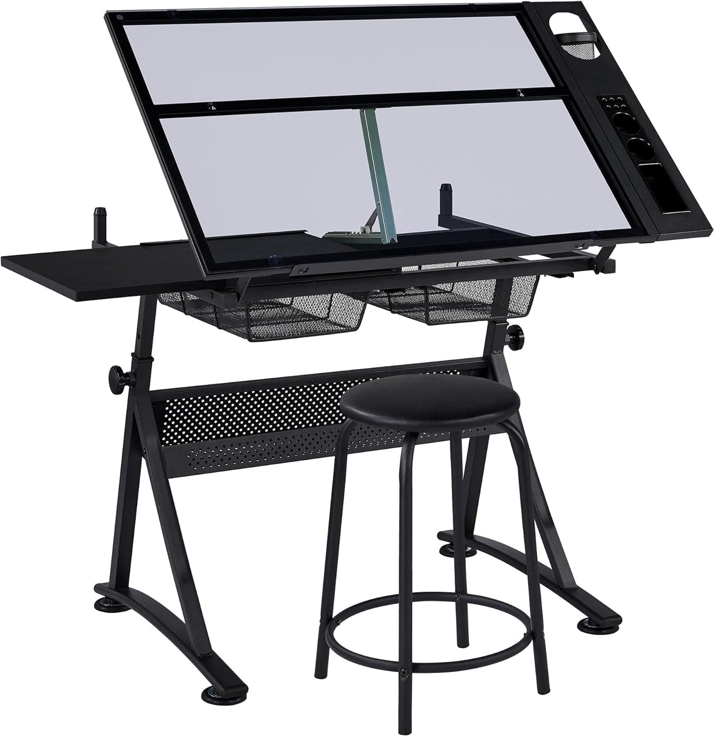 Yaheetech Drafting Table w/Stool Height Adjustable Multifunctional Art Craft Artists Desk Tilting Glass Tabletop Diamond Paintings Work Station w/2 Storage Drawers for Home Office - Best tier-2 art-studio Gear