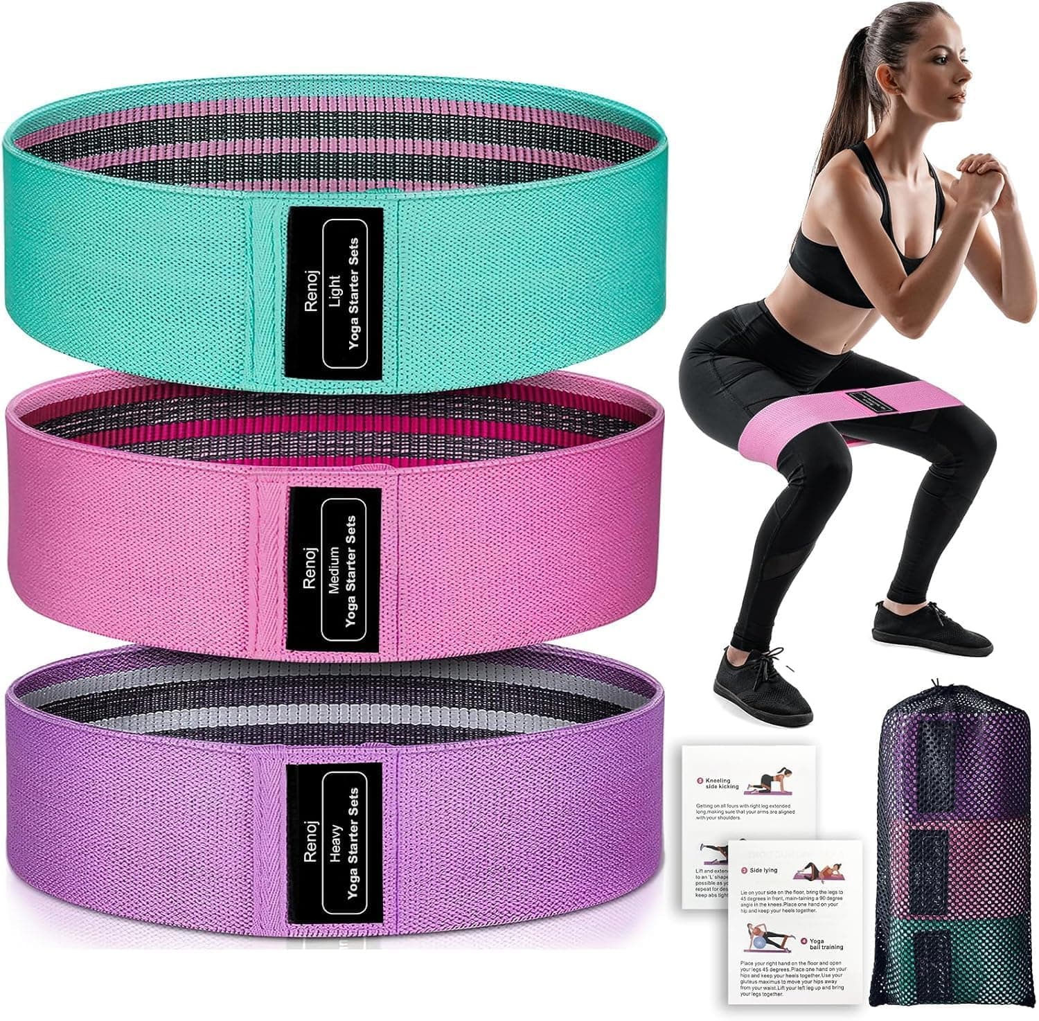 Renoj Resistance Bands for Working Out: 3-Set Professional Exercise Bands for Pilates, Yoga, Home Gym, Booty, Leg Training | Heavy/Medium/Light Fabric Loops for Women Men - Best tier-1 gym Gear